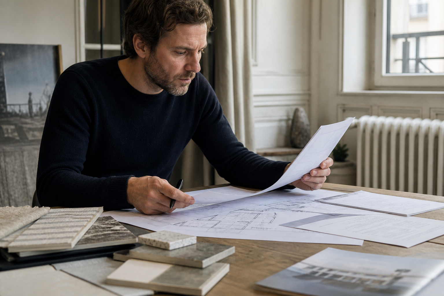 Scène professionnelle illustrant agent immobilier ou marchand de biens