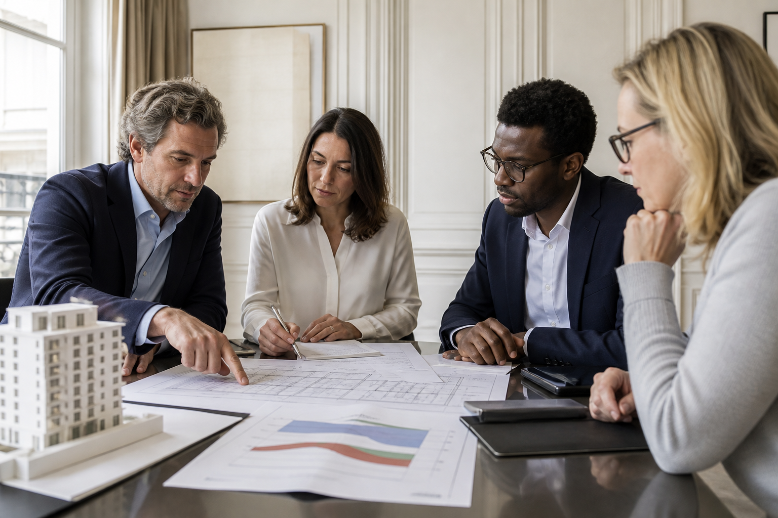 Réunion restreinte d'investisseurs autour du plan financier d'un immeuble