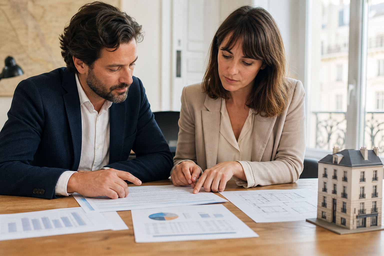 Deux co-investisseurs étudiant un pacte et le budget d'une opération immobilière