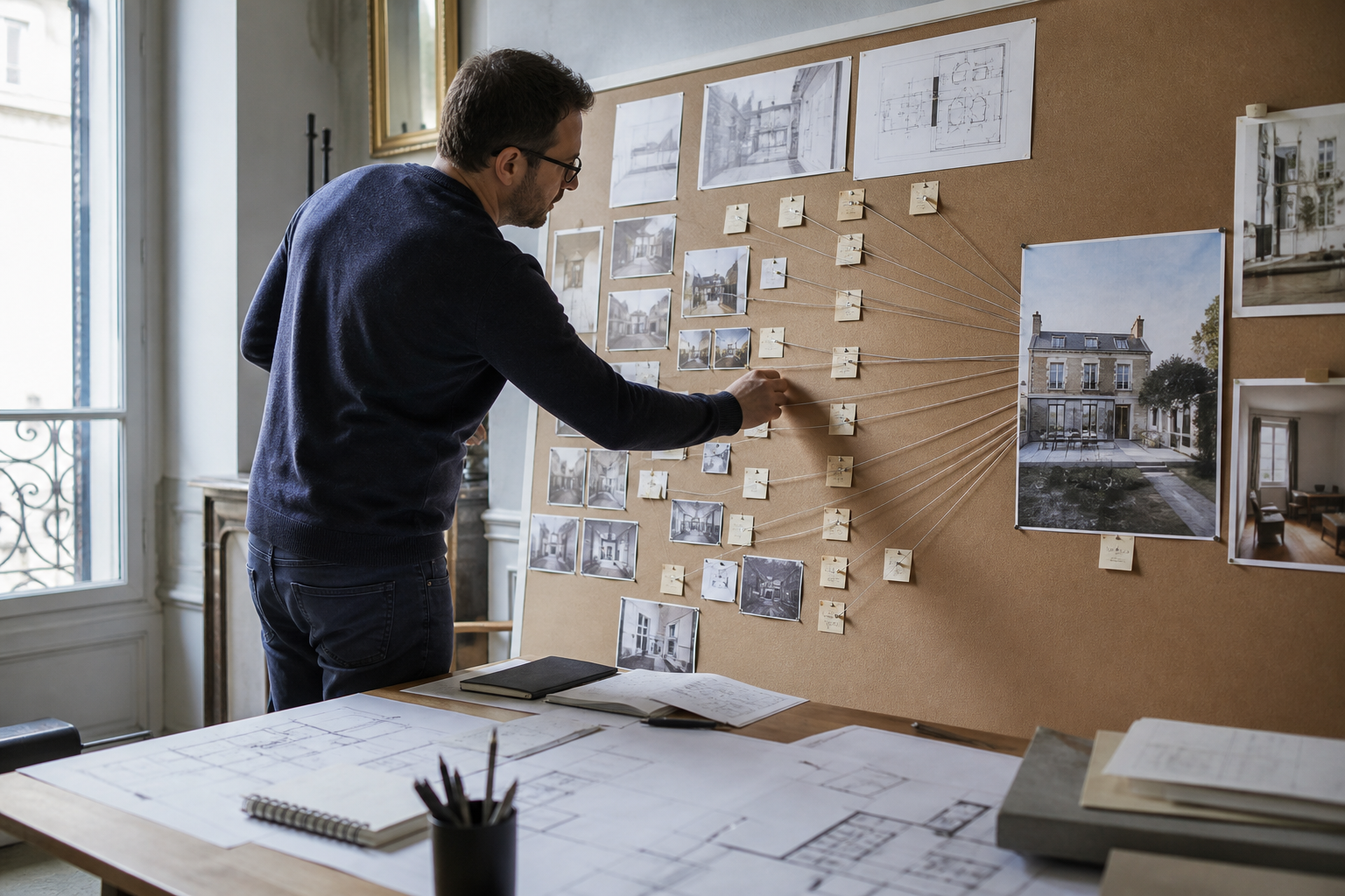 Tableau de financement collectif immobilier entouré de plans et d'un calendrier