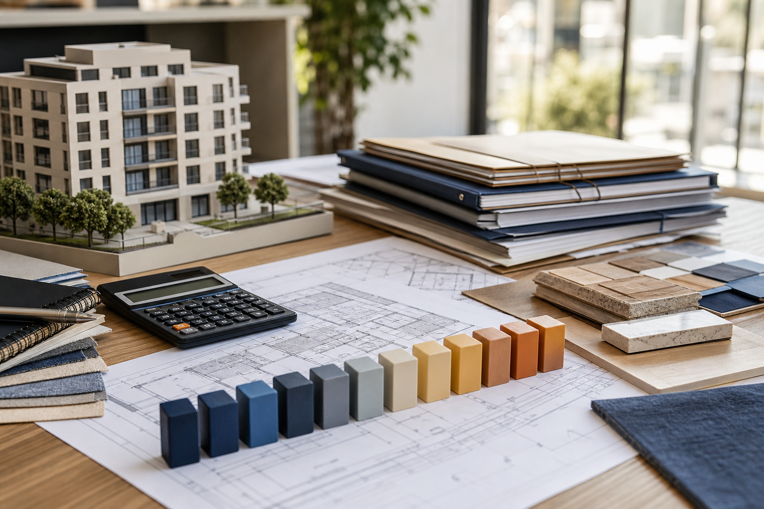 Table de travail réunissant budget, calendrier, plans et scénarios de financement immobilier