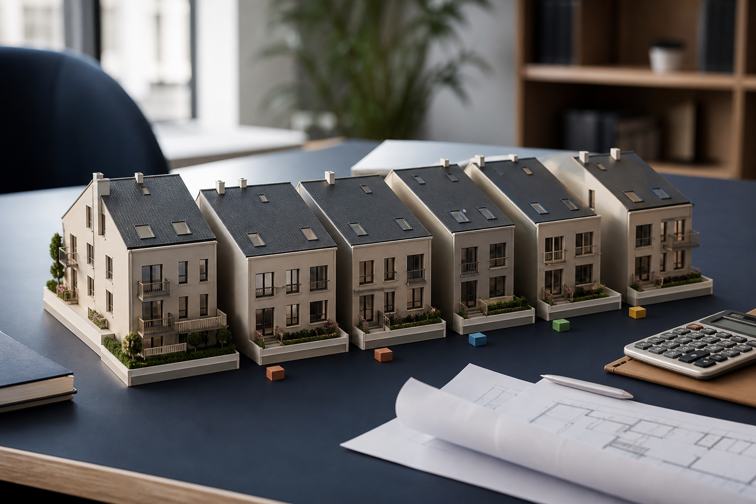 Maquette d'immeuble découpée en lots avec planning de ventes