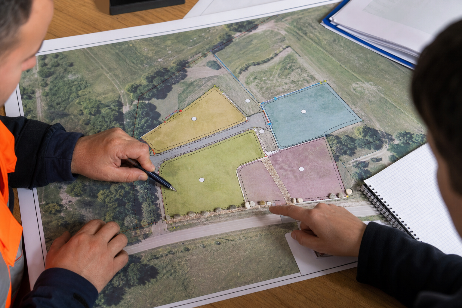 Plan cadastral annoté montrant quatre lots et leurs accès
