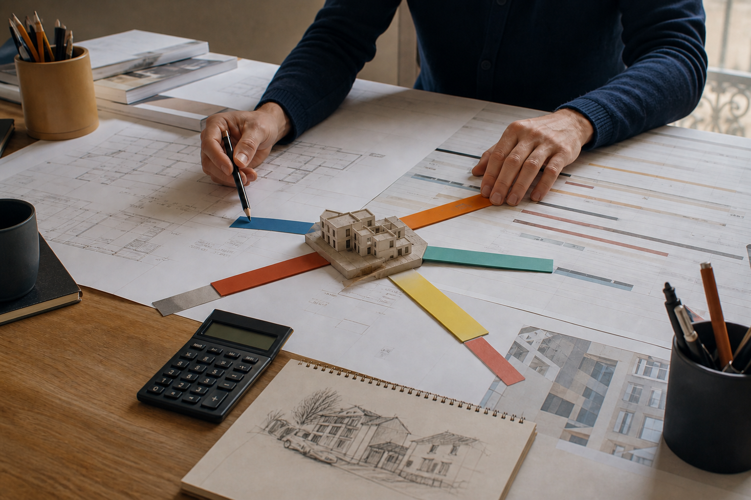 Professionnel comparant cinq structures de financement autour du plan d'un immeuble