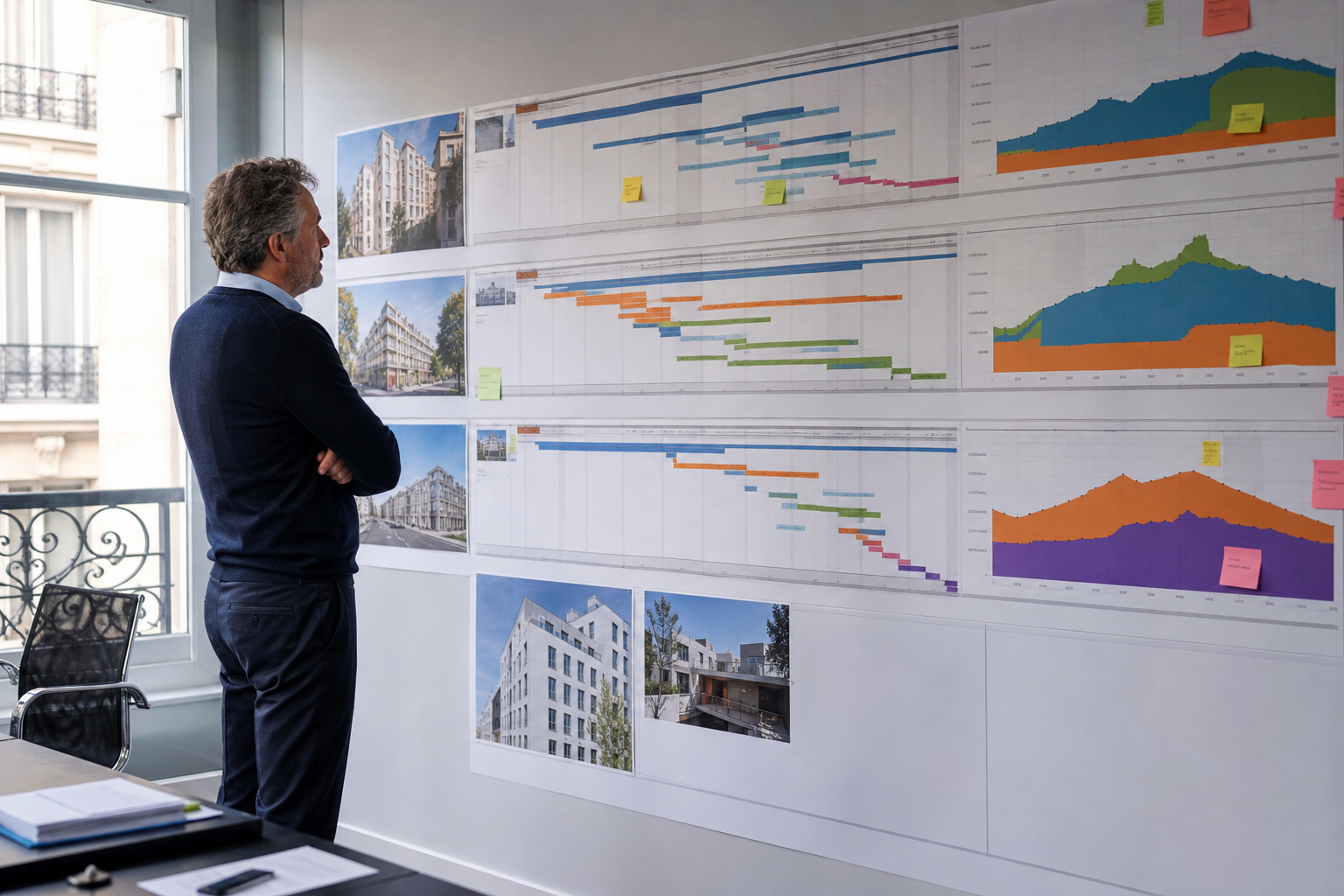 Mur de pilotage présentant trois opérations immobilières et leurs flux