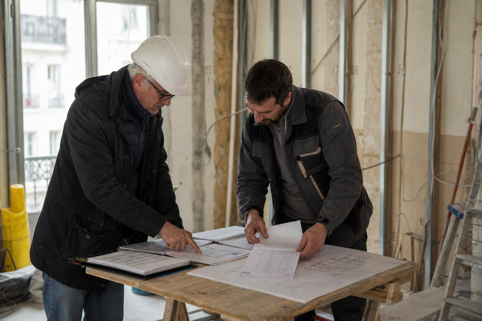Réunion de chantier avec planning, devis et échéancier de financement
