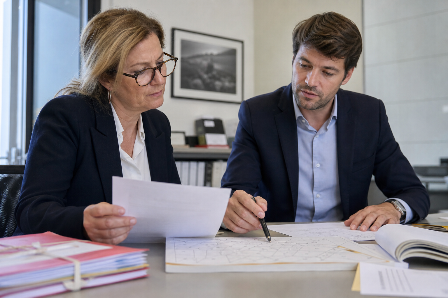 Scène professionnelle illustrant frais de notaire marchand de biens