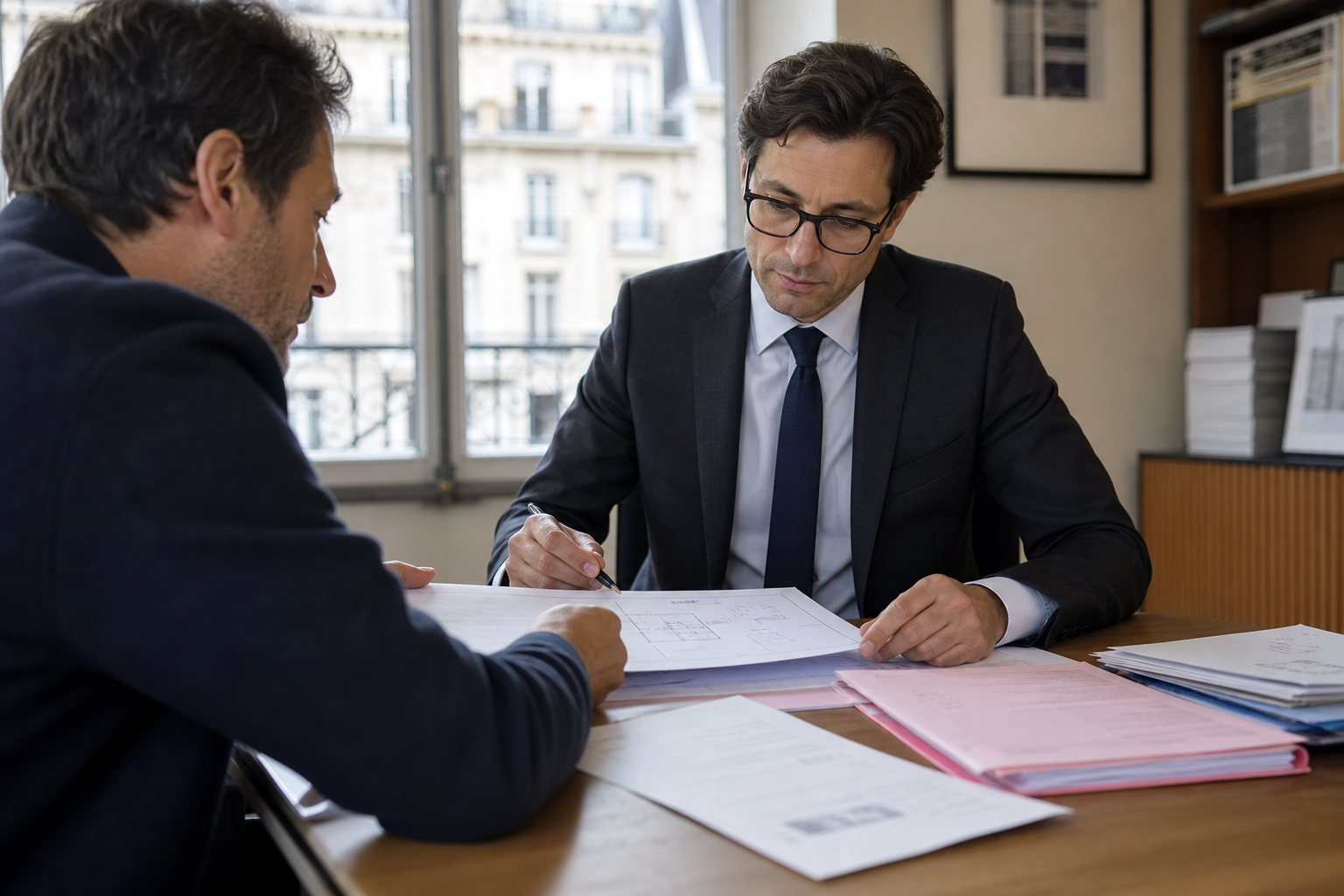 Scène professionnelle illustrant optimisation fiscale marchand de biens
