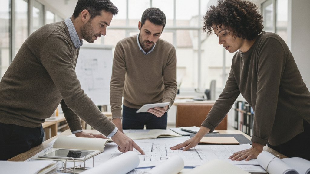 La rédaction au travail autour des plans et des dossiers d'une opération.